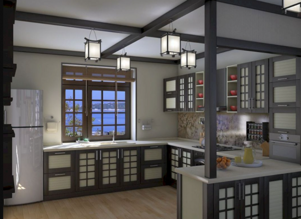 Dapur dengan langit-langit tinggi dan lentera Jepang yang khas